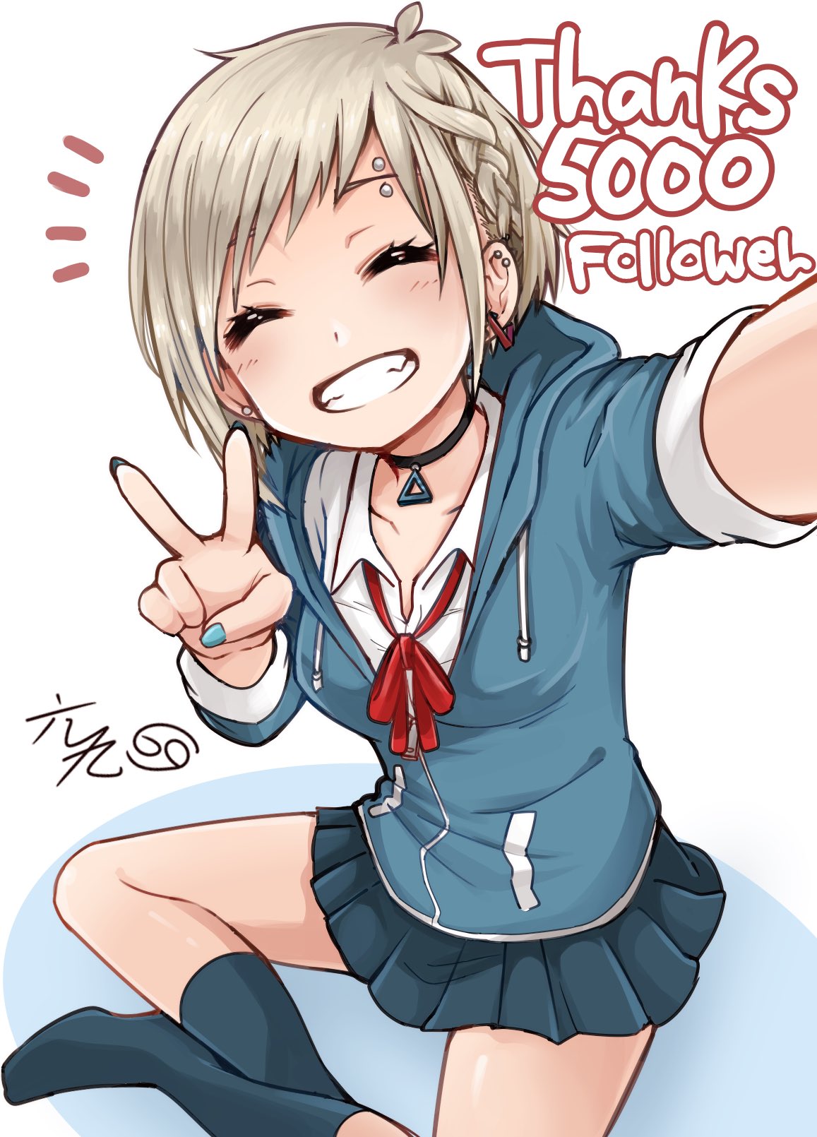 1girl blonde_hair blue_nails blush braid choker closed_eyes collared_shirt earrings eyebrow_piercing fang fingernails grin highres hood hood_up hoodie jessica_(roku_kyuu) jewelry nail_polish navy_blue_legwear open_mouth original piercing platinum_blonde_hair pleated_skirt roku_kyuu school_uniform shirt single_braid skirt smile socks v white_shirt