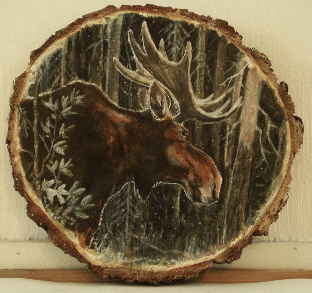 2010 antlers brown_body brown_fur bust_portrait capreoline cervid detailed_background feral fur horn leaf log male mammal moose outside painting_(artwork) portrait side_view solo traditional_media_(artwork) tree tuomas_koivurinne wood