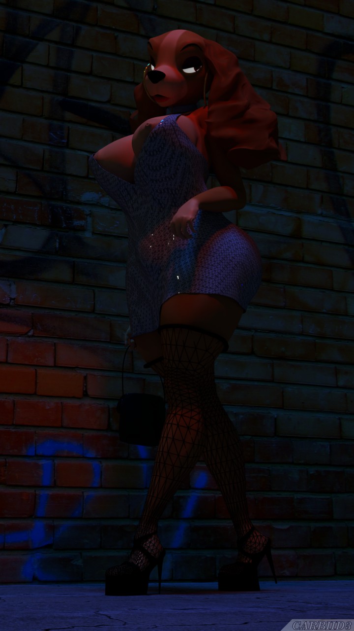 9:16 alley anthro bedroom_eyes bimbofication breasts carbiid3 cleavage clothed clothing disney dress female fishnet fishnet_leggings fishnet_legwear footwear hi_res high_heels hoop_earrings lady_(latt) lady_and_the_tramp legwear lips narrowed_eyes nipple_slip prostitution purse red_lips seductive shoes solo