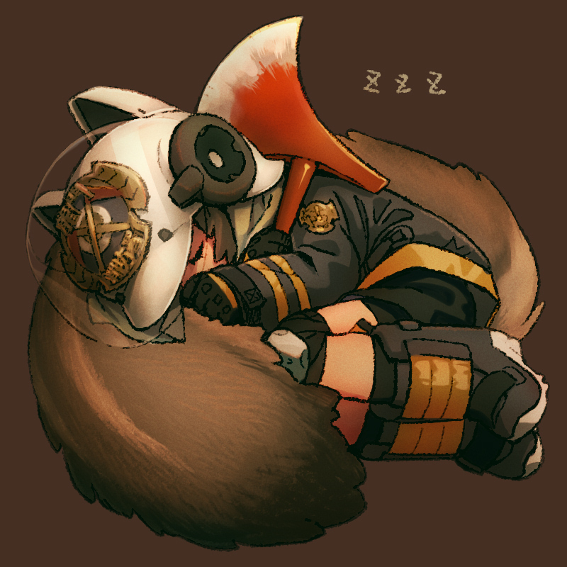 1girl arknights axe black_gloves boots brown_background brown_hair chabi_(amedama) closed_eyes curled_up fire_axe gloves helmet lying on_side shaw_(arknights) sleeping squirrel_tail tail tail_pillow zzz