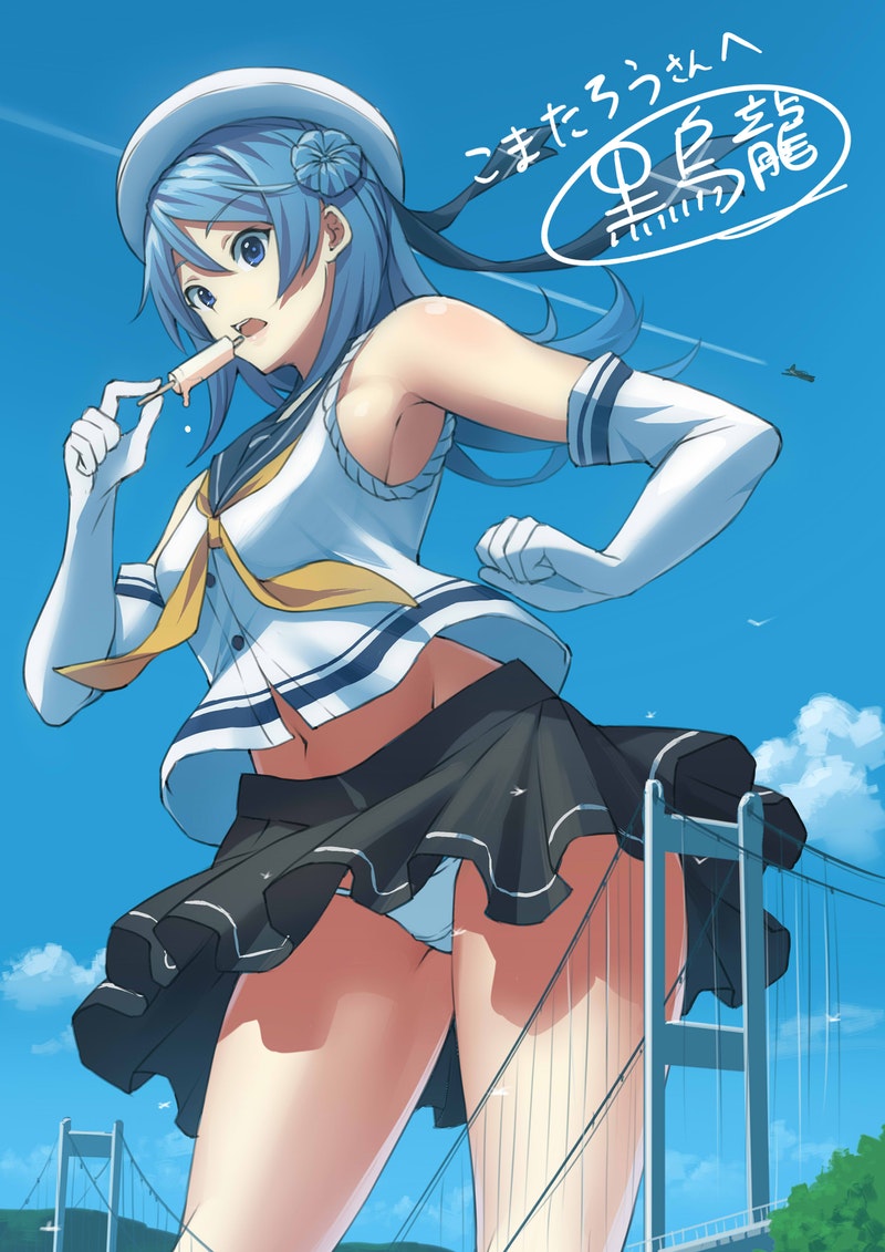 1girl aircraft airplane armpits bare_arms black_skirt blue_eyes blue_hair breasts day double_bun eating elbow_gloves food giantess gloves hat kantai_collection kuro_oolong long_hair medium_breasts midriff navel pleated_skirt popsicle sailor_collar size_difference skirt solo striped striped_skirt suspension_bridge urakaze_(kantai_collection) white_headwear