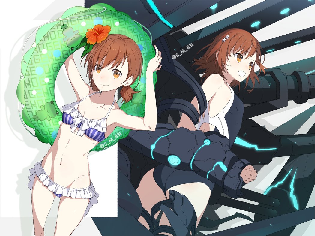 1girl arms_up bikini brown_eyes brown_hair closed_mouth flower from_side gekota hair_flower hair_ornament hairclip holding innertube misaka_mikoto multiple_views one-piece_swimsuit open_mouth power_suit s_m_831 short_hair smile swimsuit to_aru_majutsu_no_index to_aru_majutsu_no_index:_new_testament twitter_username