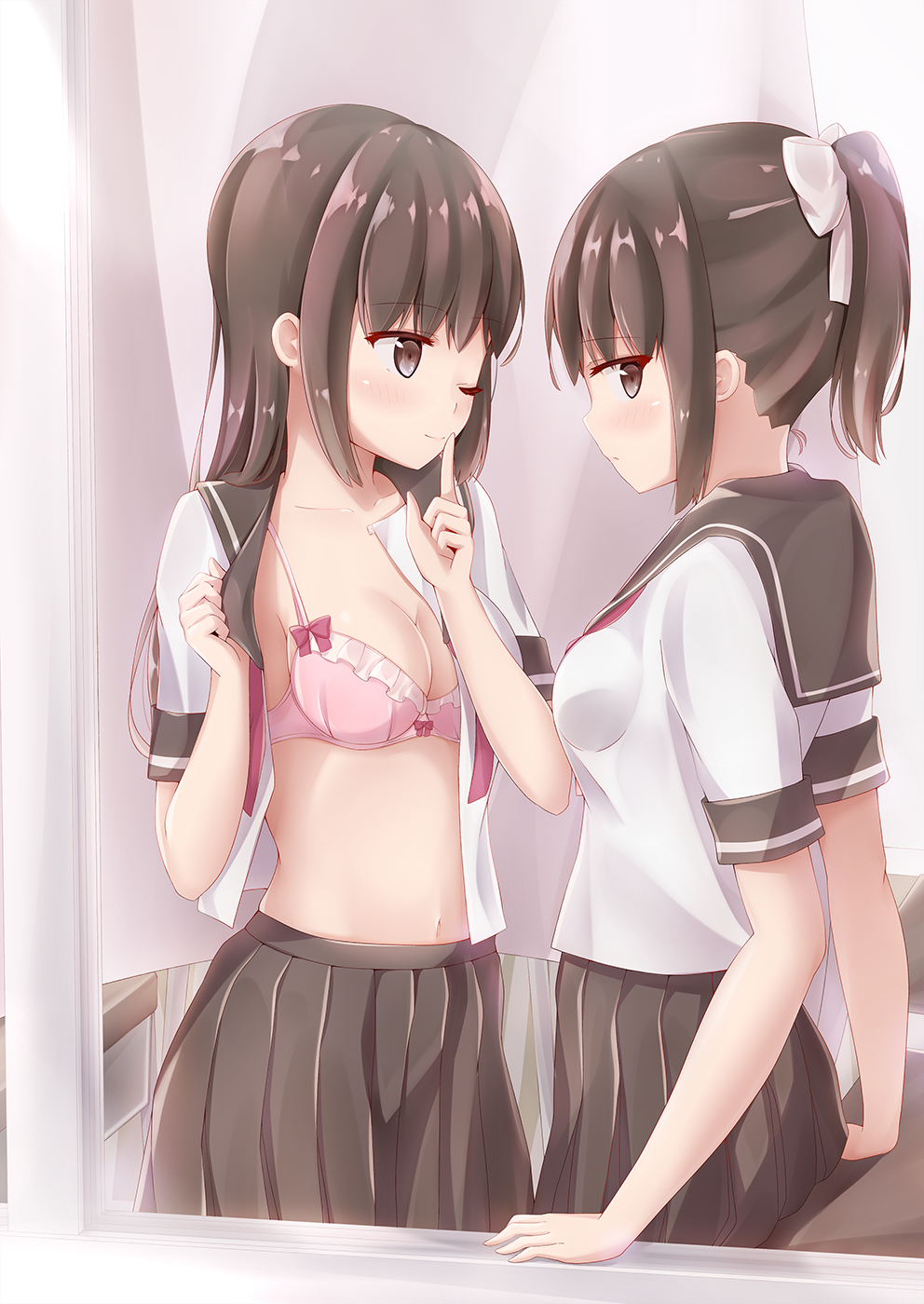 1girl arms_up bow braid breasts brown_hair hair_up highres kamakama_(kdmorh_kamakama) original pleated_skirt school_uniform serafuku skirt yuri