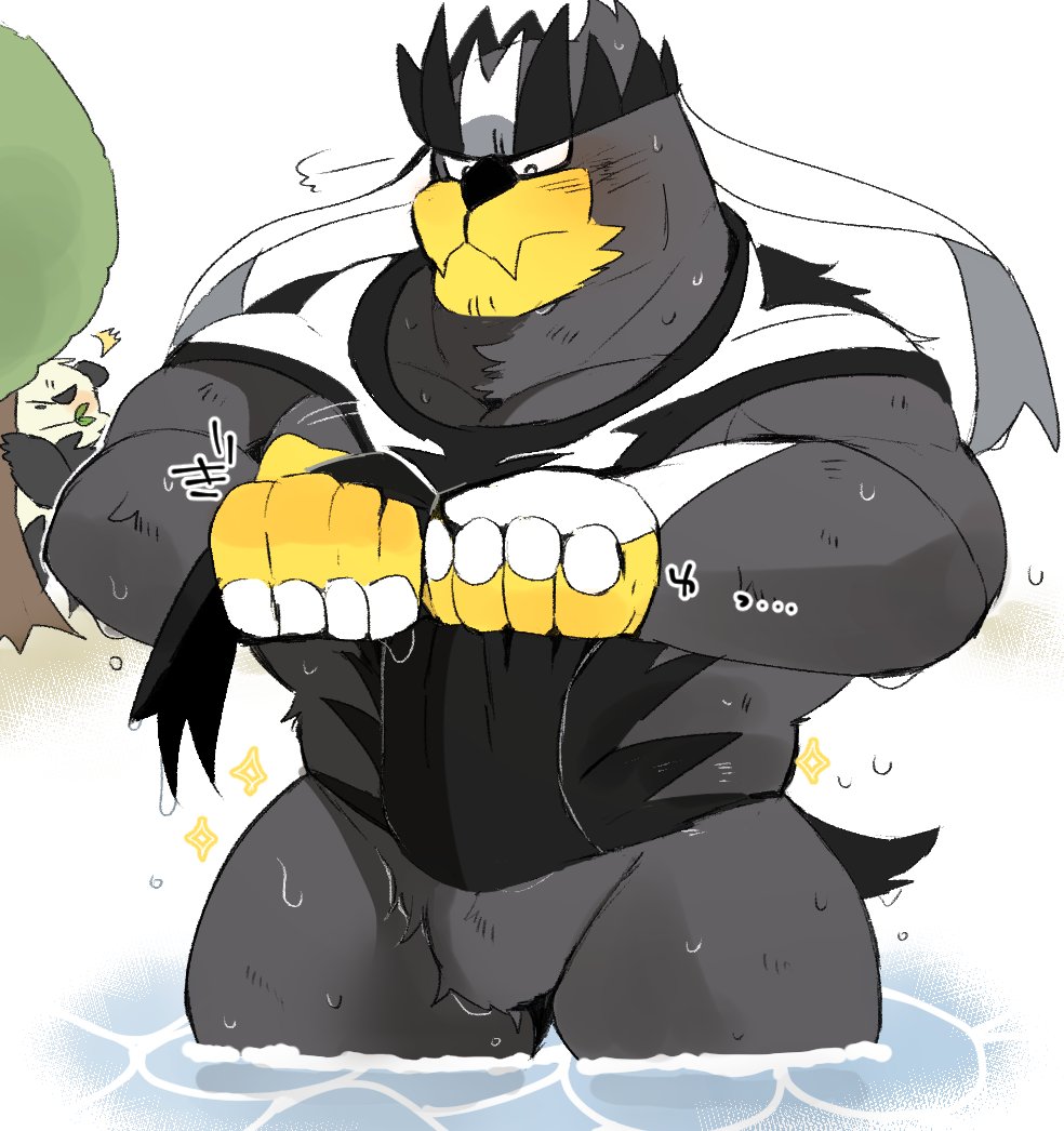 2020 anthro barazoku bathing black_body black_fur black_nose blush duo fur hyaku_(artist) kemono legendary_pok&eacute;mon male nintendo pangoro pok&eacute;mon pok&eacute;mon_(species) urshifu video_games wet white_body white_fur