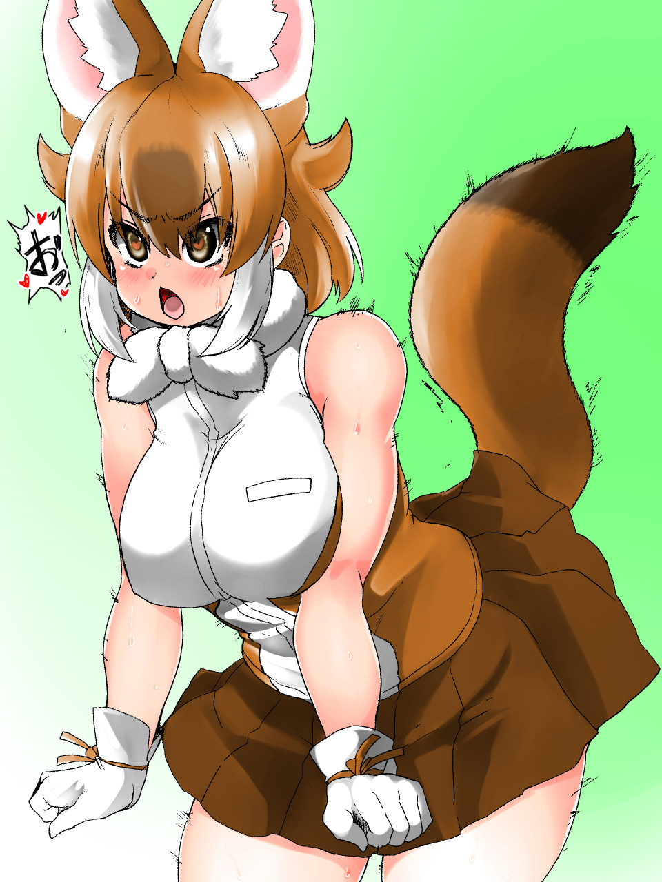 animal_humanoid big_breasts big_ears blush bodily_fluids bottomwear breasts brown_eyes brown_hair canid canid_humanoid canine canine_humanoid clothed clothing dhole_(kemono_friends) dhole_humanoid dipstick_tail female gloves hair handwear hi_res humanoid inner_ear_fluff isna japanese_text kemono_friends mammal mammal_humanoid multicolored_hair multicolored_tail open_mouth shirt skirt solo sound_effects sweat sweatdrop text topwear tuft white_hair