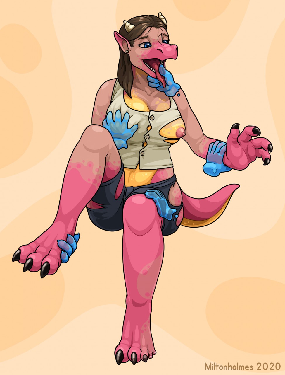 anthro bottomwear breasts claws clothing dragon female ghost_hands hi_res horn human humanoid_pointy_ears mammal miltonholmes nipples plantigrade shirt shorts sitting snout solo thick_tail tongue tongue_out topwear torn_clothing transformation