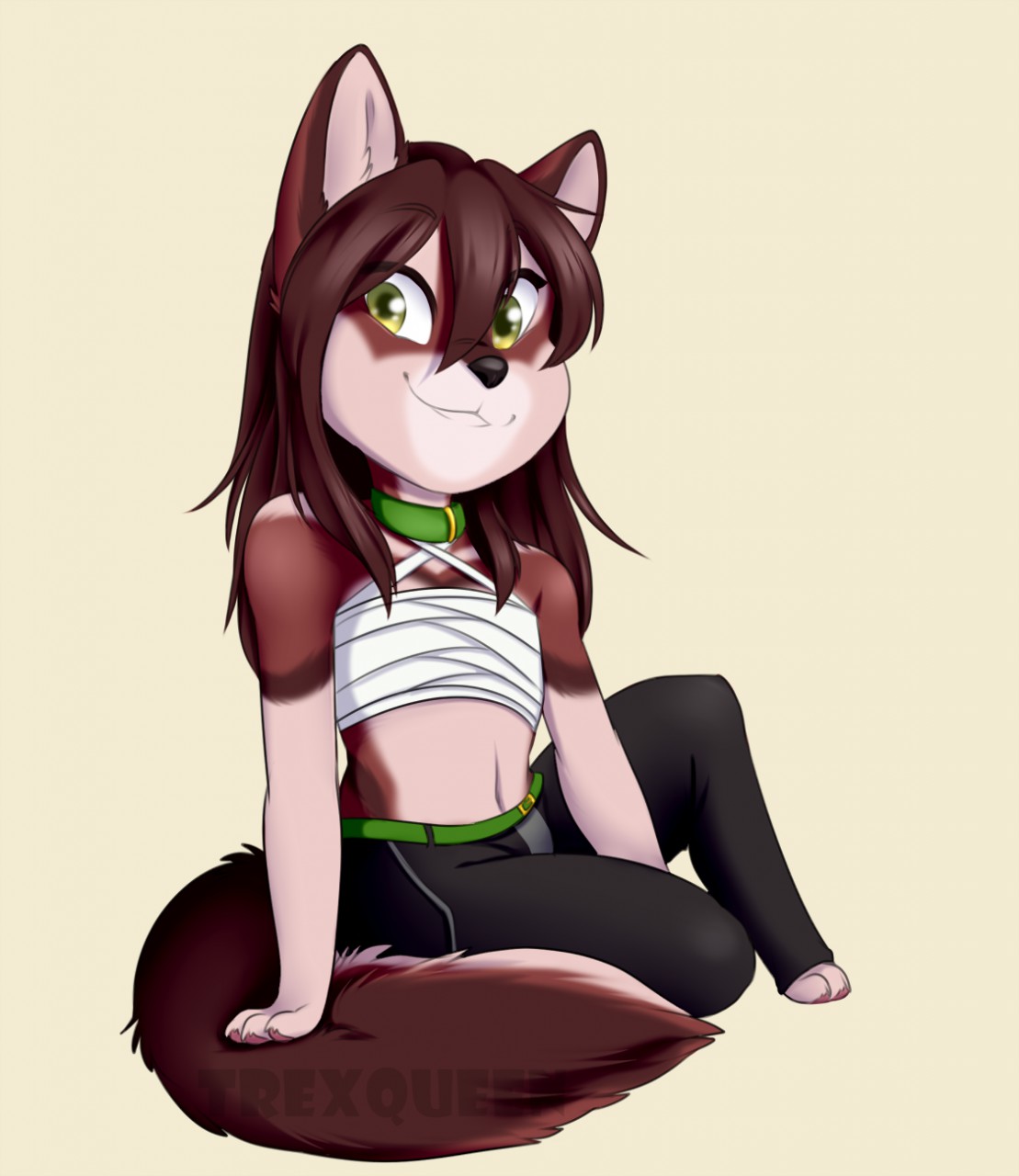 2020 anthro brown_hair canid canine canis digital_media_(artwork) female fingers hair hi_res mammal sitting skylar_zero smile solo toes trexqueen wolf yellow_eyes
