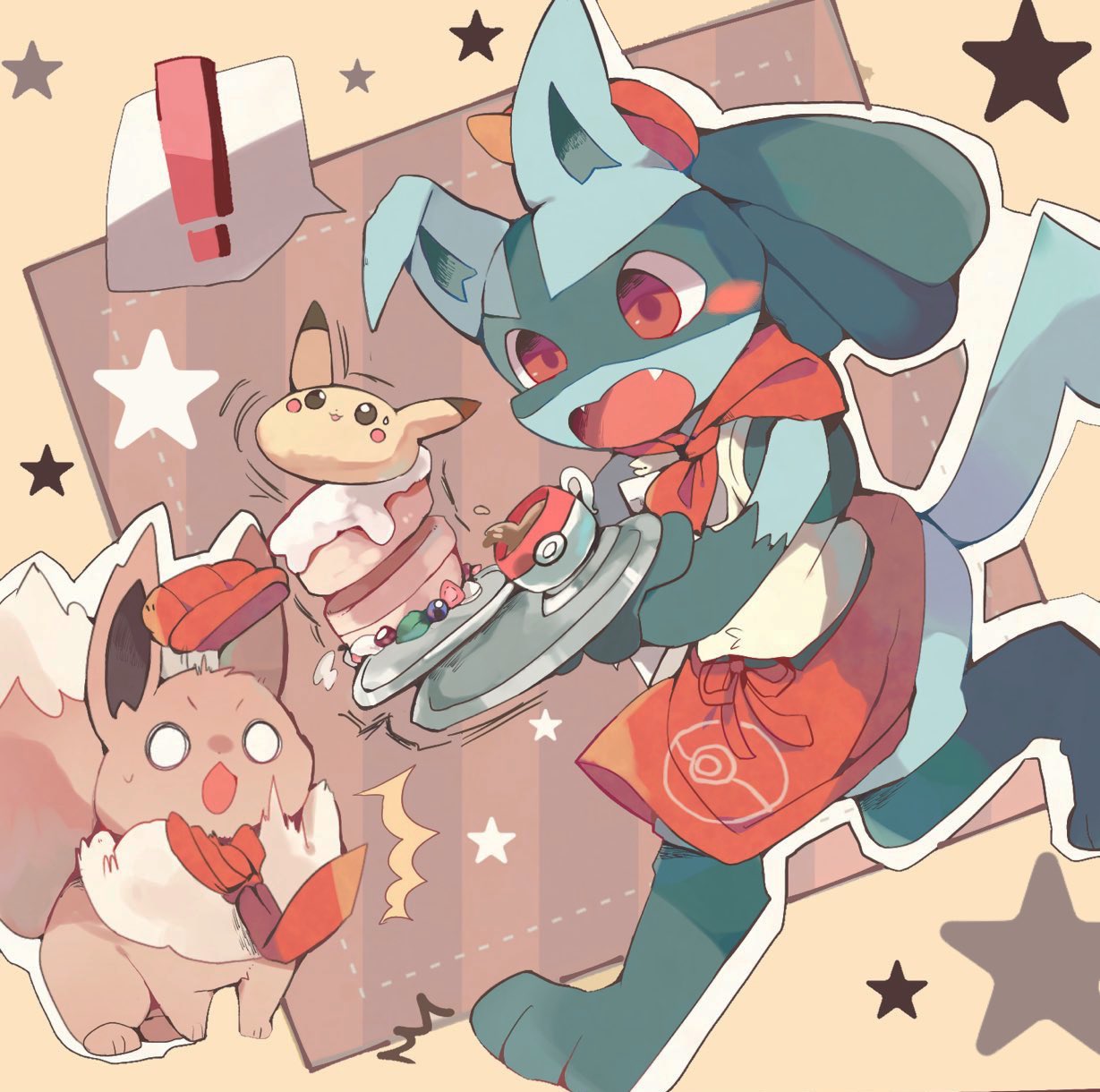 ! /\/\/\ 1boy animal_ears apron berry blush blush_stickers brown_background cabbie_hat cake clothed_pokemon commentary_request cup eevee fangs food full_body furry gen_1_pokemon gen_4_pokemon hat highres jpeg_artifacts leaf leg_up lucario male_focus motion_lines neckerchief o_o open_mouth outline paws pikachu poke_ball_symbol poke_ball_theme pokemon pokemon_(creature) pokemon_(game) pokemon_cafe_mix red_eyes red_neckwear running saucer sitting speech_bubble spikes spill spoken_exclamation_mark star_(symbol) surprised sweat tail tea teacup tray tripping white_eyes white_outline wolf_ears wolf_tail yupo_0322