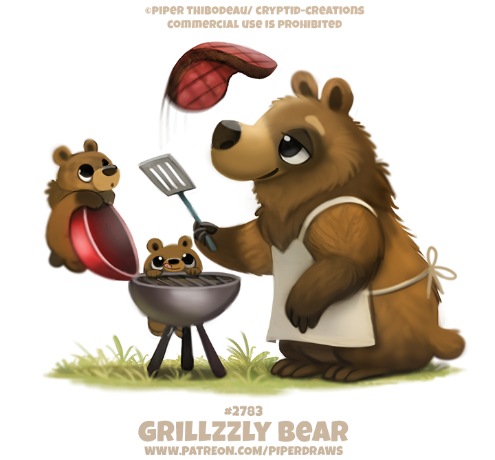 ambiguous_gender apron beef black_eyes brown_bear brown_body brown_fur clothing cryptid-creations english_text food fur grass grill grizzly_bear group mammal meat simple_background spatula steak text tools url ursid ursine white_background