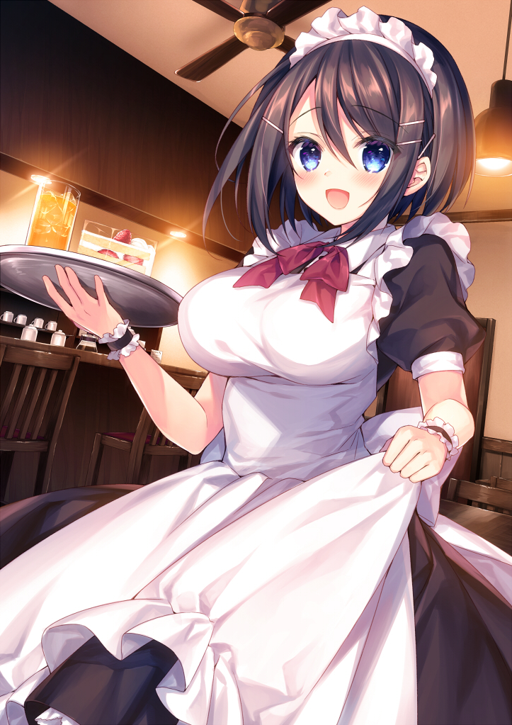 1girl :d akaneiro_no_kyoukaisen apron apron_lift bangs black_dress black_hair blue_eyes blush breasts cafe cake ceiling_fan chair commentary_request cowboy_shot cup dress drink drinking_glass eyebrows_visible_through_hair food frilled_apron frilled_dress frills hair_between_eyes hair_ornament hairclip himeji_shion holding holding_tray indoors lamp large_breasts looking_at_viewer maid maid_apron maid_dress maid_headdress neck_ribbon open_mouth puffy_short_sleeves puffy_sleeves red_neckwear ribbon short_hair short_sleeves sidelocks slice_of_cake smile solo sorai_shin'ya standing strawberry_shortcake table tray wrist_cuffs