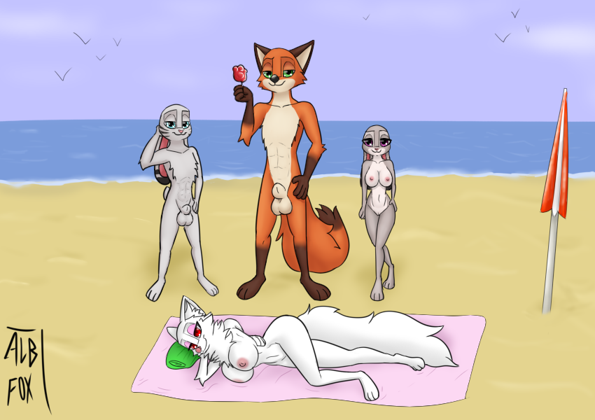 2020 albinefox animal_genitalia anthro balls big_breasts big_butt breasts butt canid canine disney female fox genitals group jack_savage judy_hopps lagomorph leporid male mammal marshmallow_(albinefox) nick_wilde nude pussy rabbit sheath wide_hips zootopia