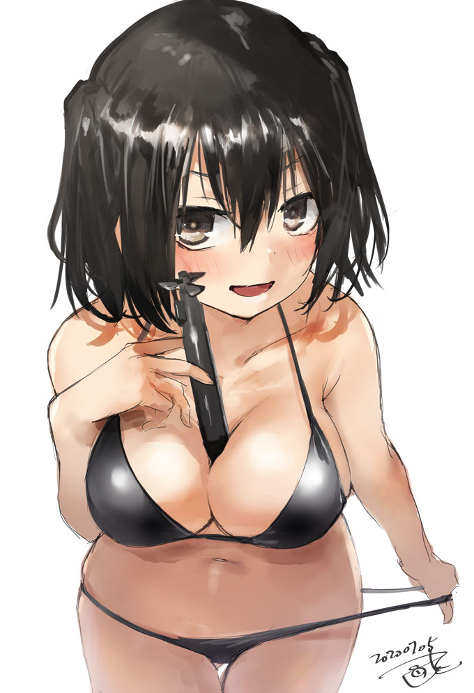 1girl between_breasts bikini black_bikini black_hair breasts brown_eyes cleavage collarbone commentary_request cowboy_shot dated kantai_collection leaning_forward looking_at_viewer medium_breasts sendai_(kantai_collection) short_hair side-tie_bikini signature simple_background solo swimsuit thigh_gap toka_(marchlizard) torpedo two_side_up white_background