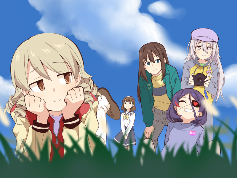 5girls blonde_hair blue_eyes blurry bow braid brown_eyes brown_hair camera cloud depth_of_field eyebrows_visible_through_hair eyepatch grass hairband hat hayasaka_mirei hood hoodie hoshi_shouko idolmaster idolmaster_cinderella_girls individuals jacket leaning_forward long_hair looking_at_another lying morikubo_nono multicolored_hair multiple_girls on_stomach outdoors pants purple_hair red_hair ringlets sakuma_mayu school_uniform serafuku shibuya_rin short_hair skirt sky smile streaked_hair ushi