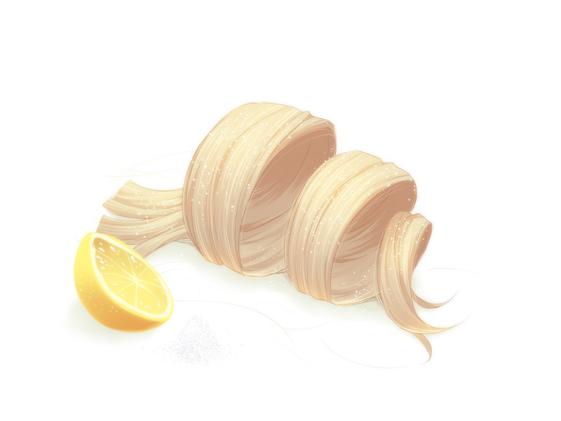 blonde_hair detached_hair food fruit idolmaster idolmaster_cinderella_girls lemon morikubo_nono no_humans ringlets severed_hair simple_background sparkle still_life ushi white_background