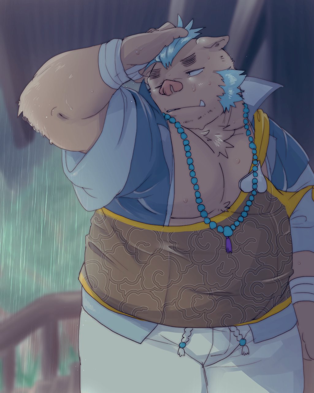 2020 4:5 anthro belly bottomwear brown_body brown_fur clothing fur gouryou hi_res humanoid_hands kemono male mammal nunutaro3 overweight overweight_anthro overweight_male pants raining solo suid suina sus_(pig) tokyo_afterschool_summoners video_games wild_boar