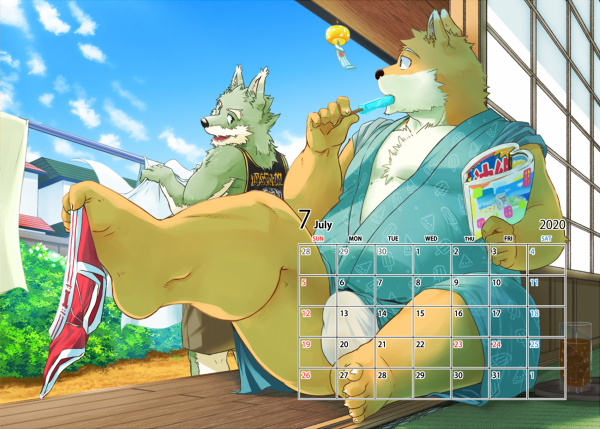 2020 anthro asian_clothing bottomwear bulge calendar canid canine canis clothing detailed_background domestic_dog duo east_asian_clothing fundoshi fur green_body green_fur humanoid_hands inuryu japanese_clothing kemono male mammal overweight overweight_male robe shirt shorts sitting topwear underwear