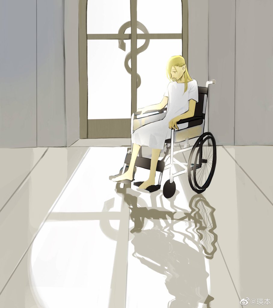 1boy alphonse_elric androgynous arm_rest backlighting barefoot blonde_hair closed_mouth day different_shadow expressionless flamel_symbol floor full_body fullmetal_alchemist grey_theme hair_behind_ear hair_over_one_eye half-closed_eyes head_down hospital_gown indoors long_hair looking_down male_focus on_chair profile shadow shealy sitting skinny spread_legs straight_hair sunlight wall weibo_username wheelchair white_theme window yellow_eyes