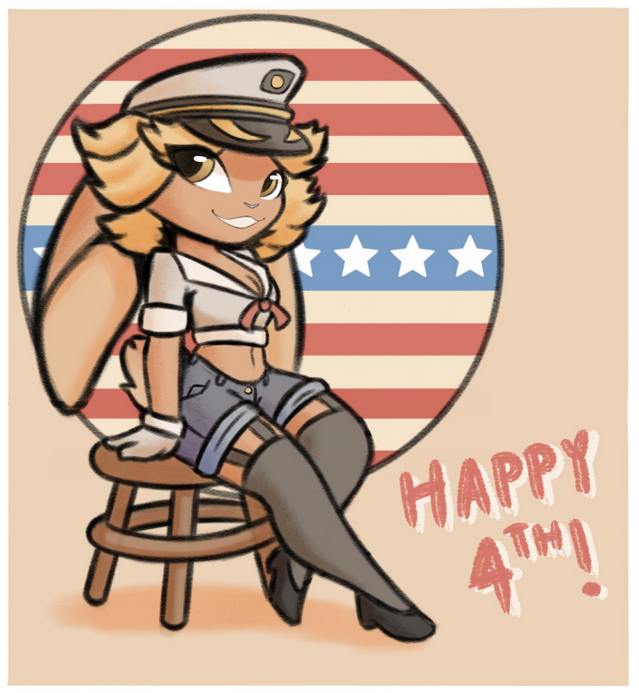 4th_of_july anthro blonde_hair bottomwear breasts captain_hat chair cleavage clothed clothing dialogue eyeball6300_(chiv) female footwear fully_clothed fur furniture garter_straps hair hat headgear headwear holidays hotpants lagomorph legwear leporid looking_at_viewer mammal medium_breasts navel navy_uniform pinup pose rabbit shoes shorts sitting smile solo stars_and_stripes stockings stool tan_body tan_fur united_states_of_america yellow_eyes
