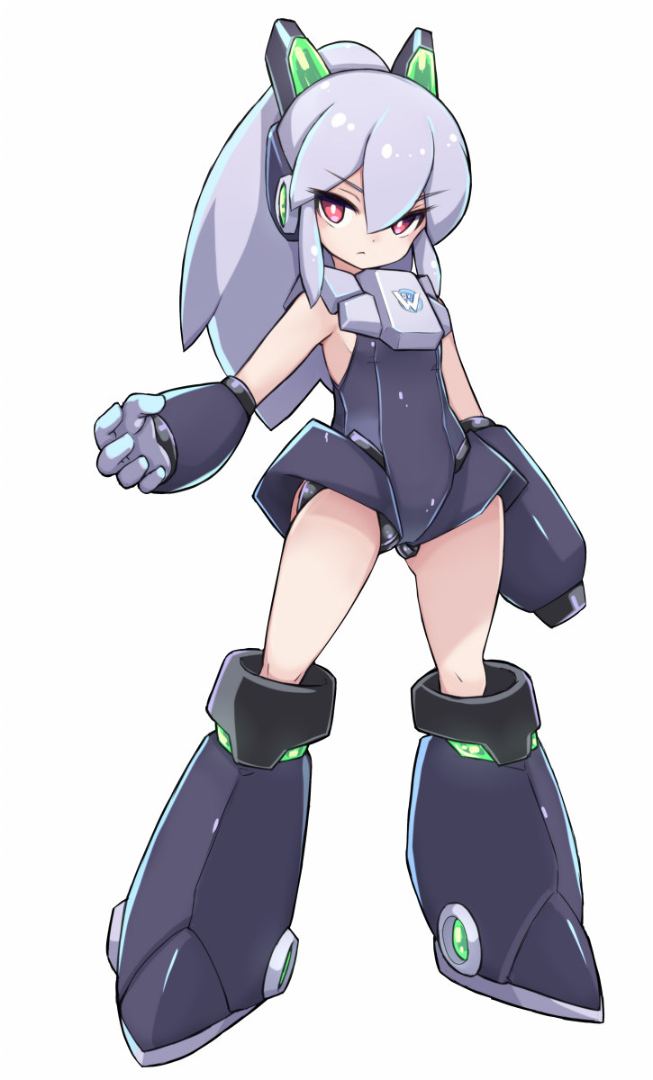 1girl alternate_color arm_cannon bangs black_footwear black_leotard breasts closed_mouth commentary_request eyebrows_visible_through_hair full_body gloves grey_gloves hair_between_eyes headgear high_ponytail highres karukan_(monjya) leotard long_hair looking_at_viewer ponytail red_eyes rockman roll silver_hair simple_background small_breasts solo standing v-shaped_eyebrows very_long_hair weapon white_background