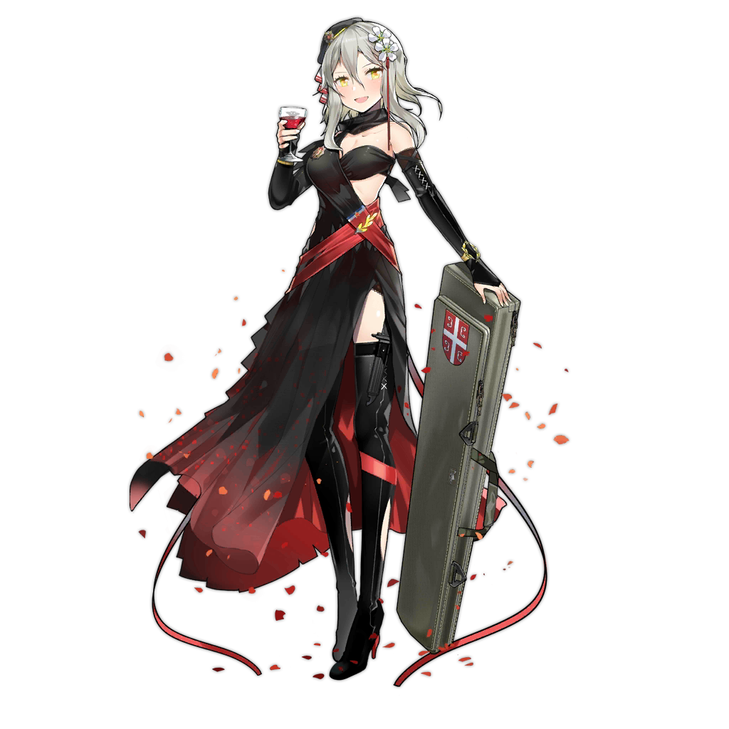 1girl alcohol alternate_costume aosora_kamiya bangs black_dress black_footwear black_gloves black_headwear blush boots breasts cleavage cup dress drinking_glass elbow_gloves fingerless_gloves full_body girls_frontline gloves gradient_dress grey_hair hair_between_eyes hair_ornament hat high_heel_boots high_heels holding holding_cup holding_suitcase long_hair looking_at_viewer official_art open_mouth petals red_dress serbia sheath smile solo standing suitcase thigh_boots thighhighs transparent_background two-tone_dress wine wine_glass yellow_eyes yugoslavian_flag zas_m76_(girls_frontline)
