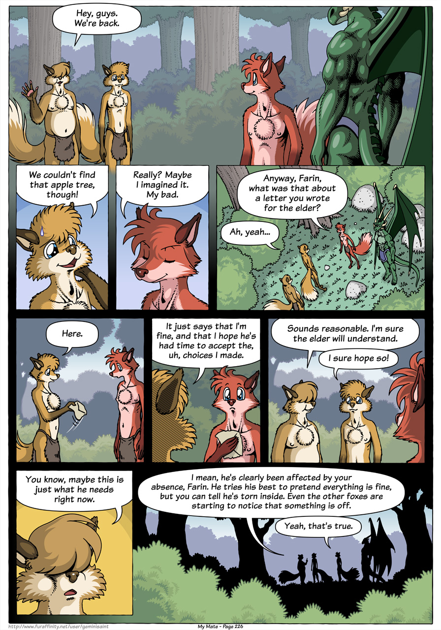 5_fingers 7:10 anthro biceps biped blue_eyes bodily_fluids canid canine cheek_tuft chest_tuft clothed clothing comic day dialogue digital_media_(artwork) digitigrade dragon english_text eyes_covered facial_tuft farin fingers forest fox fur geminisaint grass green_body green_scales group half_naked head_tuft hi_res holding_object letter loincloth male mammal membrane_(anatomy) membranous_wings multicolored_body muscular muscular_male navel nipples note open_mouth pawpads paws plant plantigrade porah red_body red_fur scales scalie sekk'ral shrub silhouette speech_bubble standing surin sweat sweatdrop tan_body tan_fur text tongue topless tree tribal tribal_clothing tuft two_tone_body wings