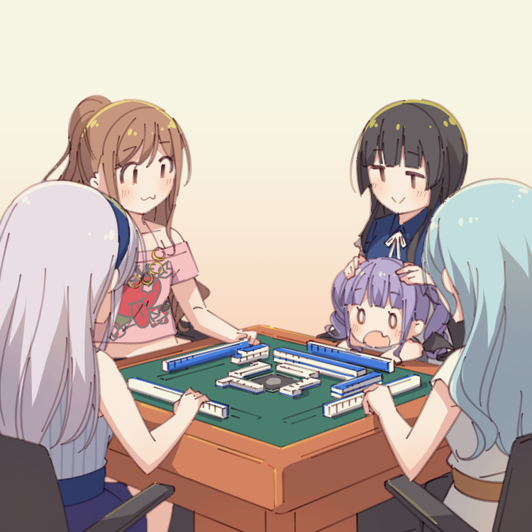 0_0 5girls :3 aqua_hair ayasaka bang_dream! bangs black_hair blue_shirt blue_skirt blush brown_hair chair collared_shirt commentary_request fang grey_hair grey_shirt hairband half_updo hands_on_another's_head hikawa_sayo imai_lisa jewelry jitome long_hair minato_yukina multiple_girls neck_ribbon necklace off-shoulder_shirt off_shoulder pink_shirt playing_games purple_hair ribbon roselia_(bang_dream!) shirokane_rinko shirt short_sleeves sitting skin_fang skirt sleeveless sleeveless_shirt smile tan_background udagawa_ako white_neckwear |_|