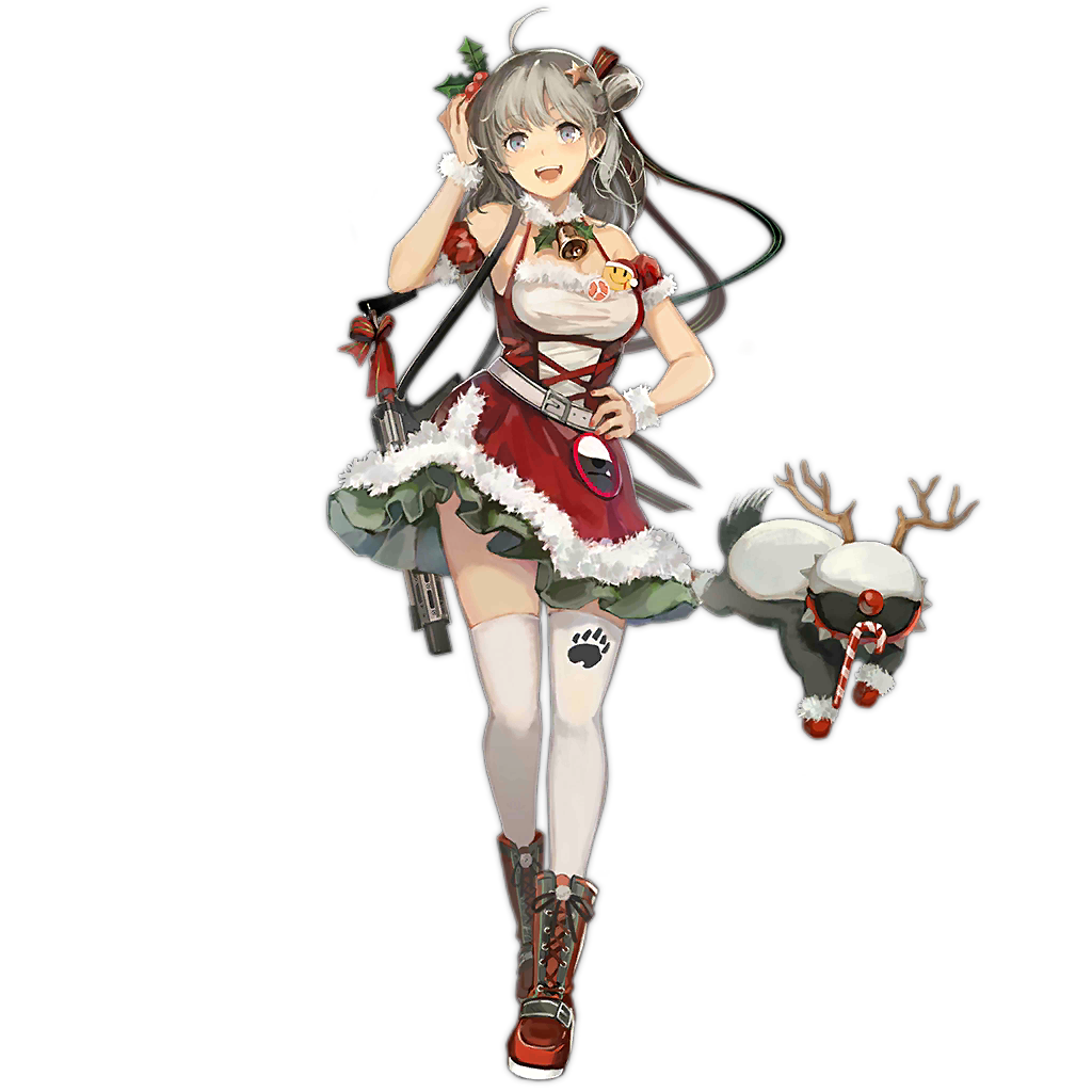 1girl :d ahoge alternate_costume arm_up bangs bare_shoulders bell belt blue_eyes boots breasts buckle cleavage detached_sleeves dress full_body fur_collar girls_frontline grey_hair gun hair_between_eyes hair_ornament hand_on_hip hand_on_own_head hjl honey_badger honey_badger_(girls_frontline) honey_badger_(gun) jingle_bell large_breasts long_hair looking_at_viewer nail_polish official_art open_mouth paw_print pink_nails red_dress red_footwear santa_costume sidelocks skindentation skirt smile solo standing star_(symbol) star_hair_ornament thighhighs transparent_background weapon white_legwear