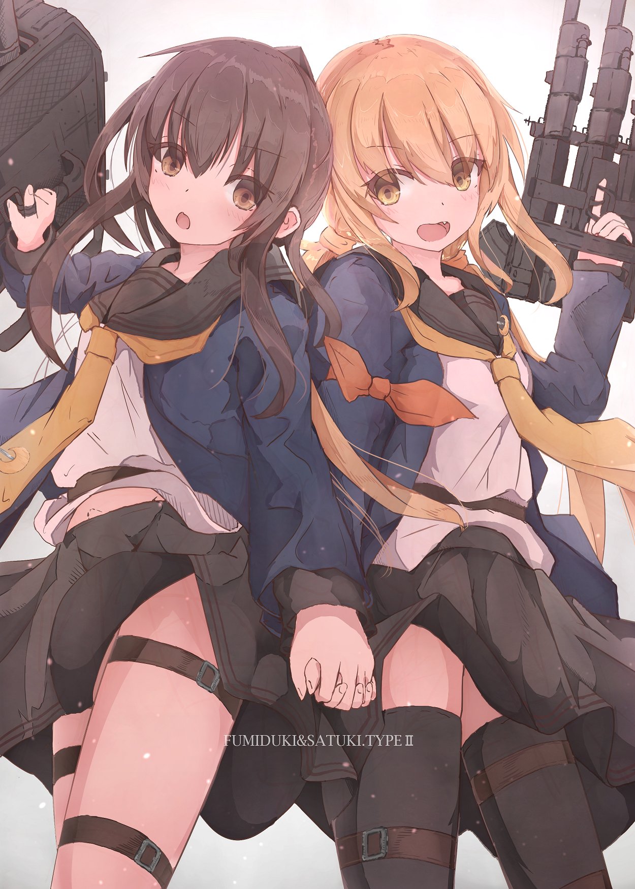 2girls adapted_turret armband back-to-back black_legwear black_serafuku blonde_hair blue_jacket brown_eyes brown_hair cannon character_name commentary_request cowboy_shot crescent crescent_moon_pin fumizuki_(kantai_collection) highres holding_hands jacket kantai_collection long_hair low_twintails machinery multiple_girls munehiro_(21plus) neckerchief ponytail remodel_(kantai_collection) satsuki_(kantai_collection) school_uniform serafuku simple_background thighhighs turret twintails white_background yellow_eyes yellow_neckwear