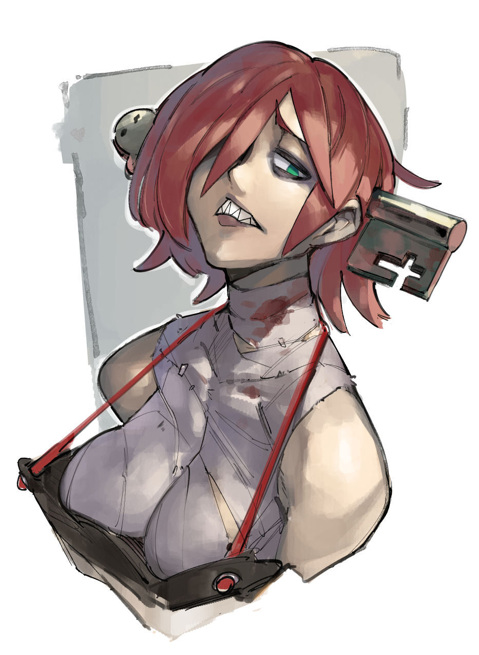 1girl a.b.a bandages bare_shoulders blood breasts commentary green_eyes guilty_gear hair_over_one_eye highres key large_breasts looking_at_viewer pale_skin red_hair sharp_teeth short_hair solo teeth upper_body zako_(arvinry)