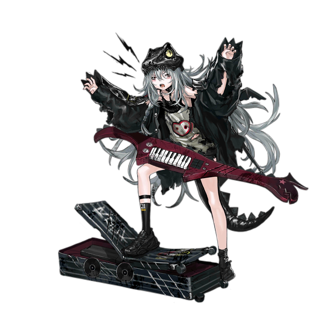 1girl alternate_costume amplifier arms_up assault_rifle baggy_clothes bangs belt black_footwear black_jacket black_shorts blush blush_stickers braid brown_eyes buckle claw_pose clothes_writing damaged dinosaur dinosaur_tail eyebrows_visible_through_hair fake_tail fake_wings floating_hair full_body g11_(girls_frontline) girls_frontline grey_shirt gun h&amp;k_g11 hair_between_eyes hair_over_shoulder half-closed_eyes hat heckler_&amp;_koch infukun instrument jacket jurassic_park keychain keytar leather_choker leg_up long_hair looking_at_viewer messy_hair multiple_belts nail_polish off_shoulder official_art open_clothes open_mouth parody red_nails rifle roaring rocker-chic shirt shoes short_shorts shorts side_braid sidelocks silver_hair sleeveless sleeveless_shirt sneakers socks solo tail teeth tongue torn_clothes torn_jacket torn_shirt transparent_background very_long_hair weapon weapon_case wings
