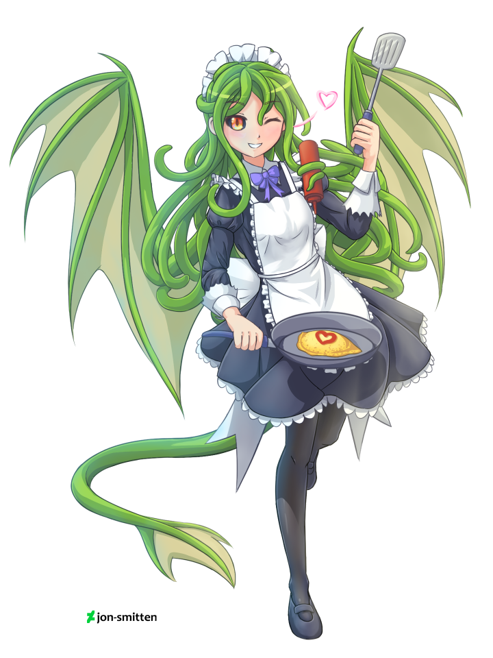 &lt;3 3:4 alpha_channel black_sclera blush bow clothed clothing cookware cthulhu cthulhu_mythos eldritch_horror female food footwear frying_pan h.p._lovecraft holding_object humanoid jon-smitten kitchen_utensils looking_at_viewer maid_uniform monster_girl_(genre) one_eye_closed pseudo_hair shoes simple_background smile solo spatula tentacle_hair tentacles tools transparent_background uniform wings wink