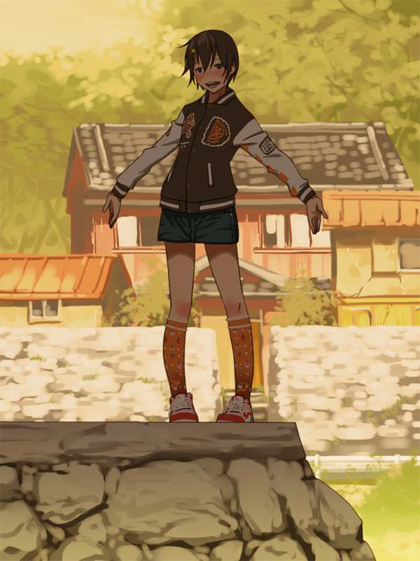 1girl :d blush brown_eyes casual denim denim_skirt foliage full_body guard_rail hair_ornament hairclip house jacket kneehighs letterman_jacket looking_at_viewer nose_blush open_mouth orange_legwear original osomaki_nagara outdoors outstretched_arms ponta_(osomaki_nagara) red_footwear scenery shoes short_hair skirt smile sneakers solo standing stone_wall tile_roof tomboy tree wall