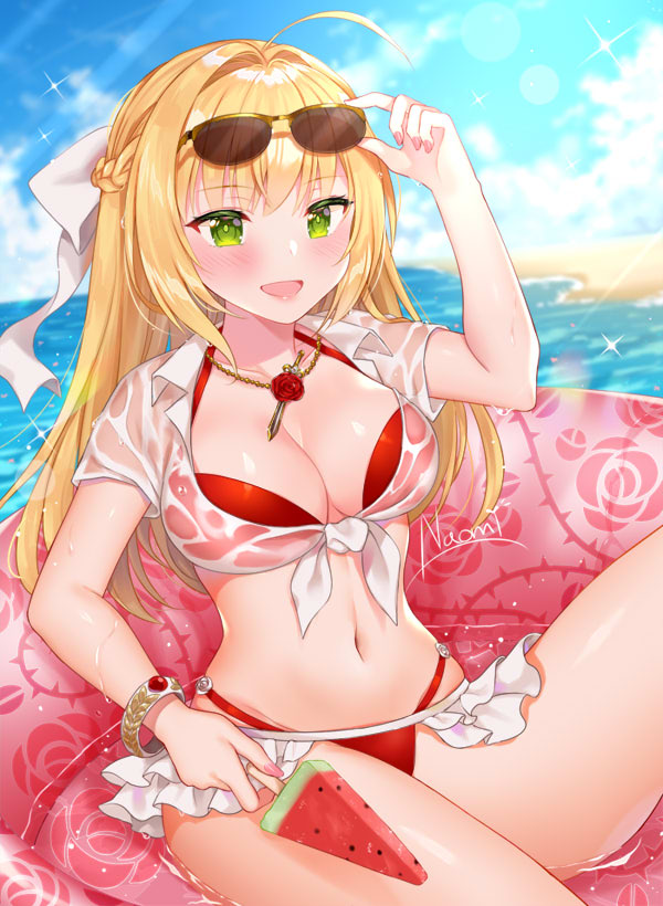 1girl :d ahoge arm_up bangle beach bikini blonde_hair bracelet braid breasts cleavage collared_shirt crop_top day eyewear_on_head fate/grand_order fate_(series) front-tie_top green_eyes halterneck hand_on_eyewear highleg highleg_bikini innertube jewelry large_breasts long_hair looking_at_viewer microskirt midriff naomi_(fantasia) navel necklace nero_claudius_(fate)_(all) nero_claudius_(swimsuit_caster)_(fate) ocean open_mouth outdoors red_bikini see-through shirt short_sleeves showgirl_skirt skirt sky smile solo stomach sunglasses sunlight swimsuit thighs water wet wet_clothes wet_shirt white_shirt white_skirt