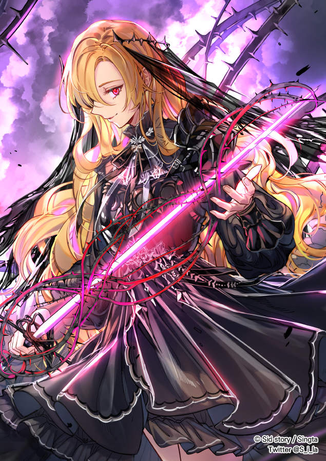 1girl black_dress blonde_hair blurry_foreground closed_mouth cowboy_shot curly_hair dress floating_hair glowing glowing_sword glowing_weapon hair_between_eyes holding holding_sword holding_weapon layered_dress long_hair long_sleeves red_eyes sid_story sila_(carpen) soles standing sword thorns very_long_hair weapon