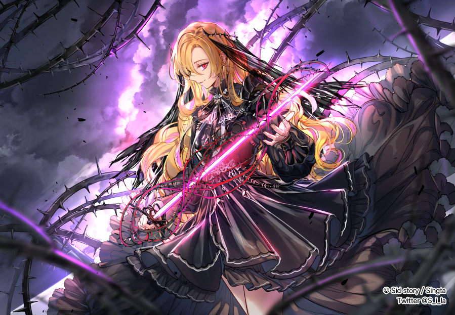 1girl black_dress blonde_hair blurry_foreground closed_mouth cowboy_shot curly_hair dress floating_hair glowing glowing_sword glowing_weapon hair_between_eyes holding holding_sword holding_weapon layered_dress long_hair long_sleeves red_eyes sid_story sila_(carpen) soles standing sword thorns very_long_hair weapon