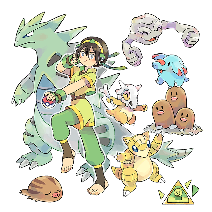 1girl adapted_costume avatar:_the_last_airbender avatar_(series) black_hair bone crossover cubone dugtrio fingerless_gloves gen_1_pokemon gen_2_pokemon geodude gloves mojgon odd_one_out phanpy poke_ball poke_ball_(generic) pokemon pokemon_(creature) sandshrew simple_background smile swinub tail toeless_legwear toph_bei_fong tyranitar