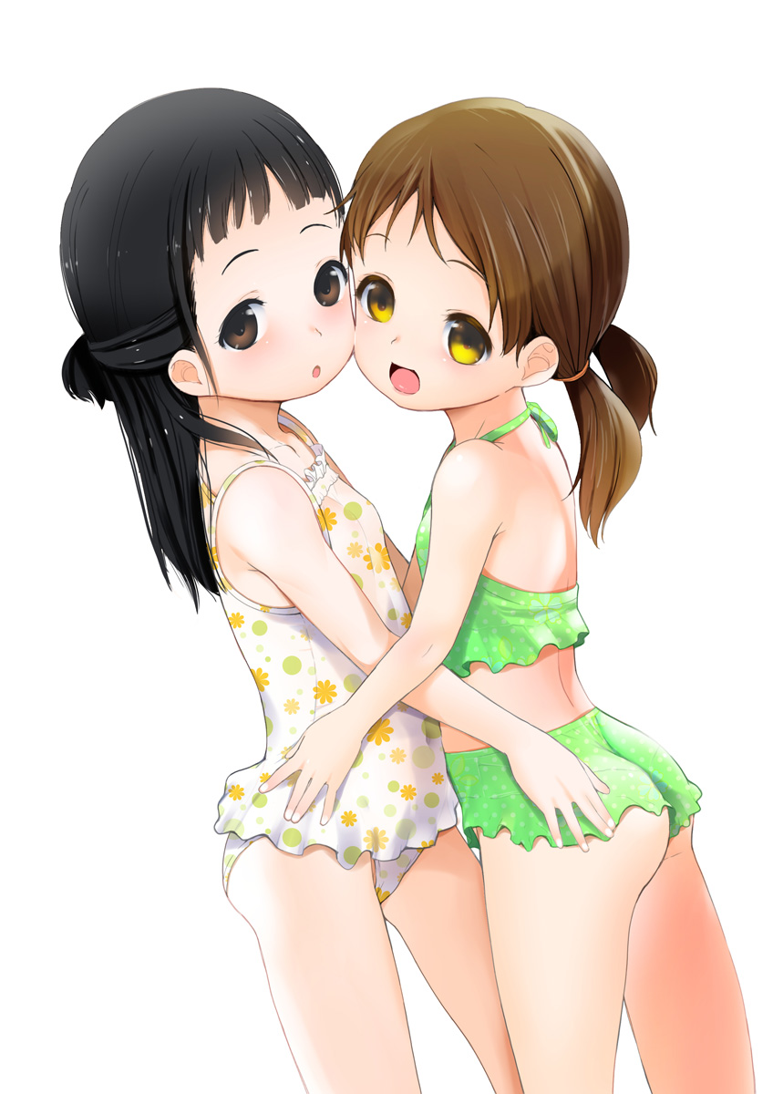 2girls ass belly_to_belly bikini black_hair brown_eyes brown_hair cheek-to-cheek face-to-face floral_print green_bikini hand_on_another's_ass hand_on_another's_hip highres hug long_hair low_twintails maki_daikichi multiple_girls one-piece_swimsuit open_mouth original print_swimsuit simple_background smile swimsuit twintails white_background white_swimsuit