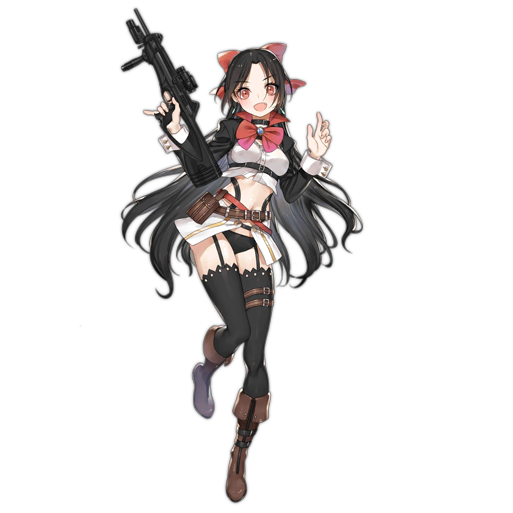 1girl ammunition_pouch bangs belt beretta_cx4 black_hair black_jacket black_legwear black_panties boots bow bowtie breasts brown_footwear choker collar crop_top cropped_jacket cx4_storm_(girls_frontline) earrings eyebrows_visible_through_hair fang foregrip full_body garter_straps garters girls_frontline gun haijin hair_bow hair_ribbon hand_up high_collar holding holding_gun holding_weapon jacket jewelry knee_boots logo long_hair long_sleeves looking_at_viewer medium_breasts midriff miniskirt navel official_art open_clothes open_mouth open_skirt panties parted_bangs pinky_out pouch red_bow red_eyes red_neckwear red_ribbon ribbon rifle sapphire_(gemstone) sidelocks skirt sleeve_cuffs smile solo standing standing_on_one_leg stomach strap stud_earrings thigh_strap thighhighs transparent_background trigger_discipline underbust underwear utility_belt very_long_hair weapon wrist_cuffs