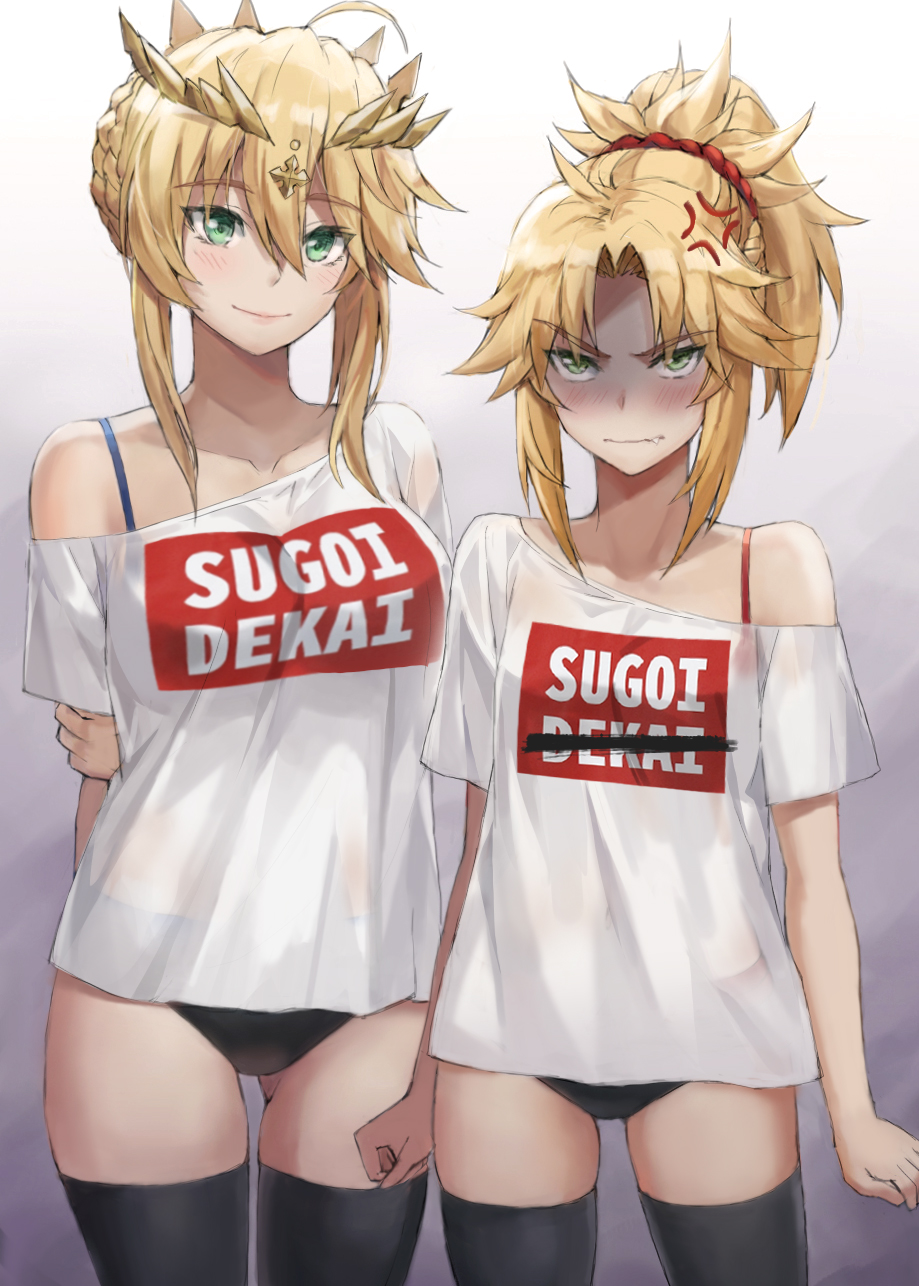 2girls anger_vein annoyed artoria_pendragon_(all) artoria_pendragon_(lancer) black_legwear blonde_hair bloomers blush bra_strap clenched_hands commentary_request cowboy_shot eyes_visible_through_hair fang fate/apocrypha fate/grand_order fate_(series) green_eyes highres looking_at_viewer mordred_(fate) mordred_(fate)_(all) multiple_girls off-shoulder_shirt off_shoulder shirt smile t-shirt tiara tonee underwear uzaki-chan_wa_asobitai!