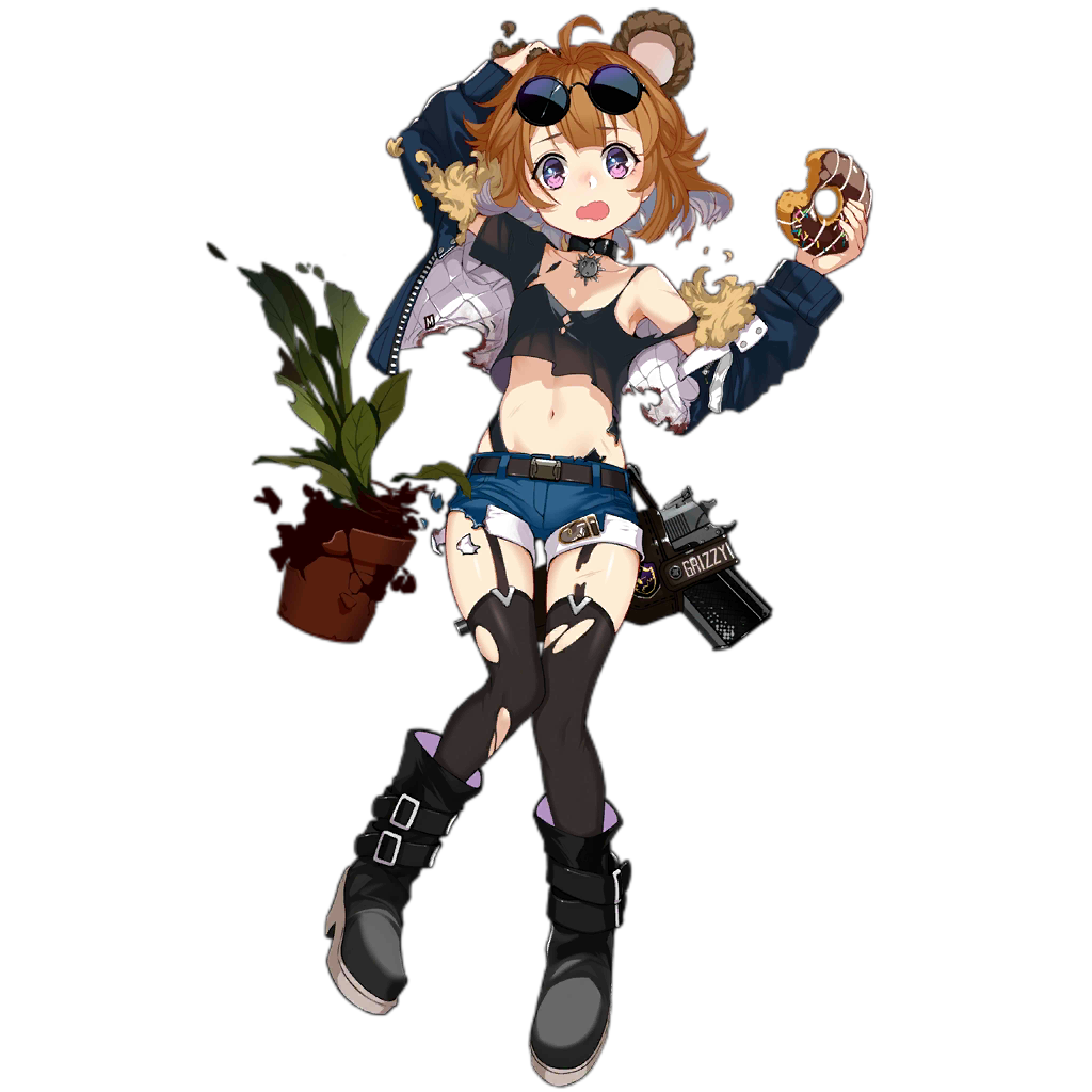 1girl ahoge alternate_costume animal_ears bear_ears bear_girl belt_boots black_footwear black_legwear boots breasts brown_hair copyright_name cropped_jacket damaged denim denim_shorts doughnut food full_body garter_straps girls_frontline grizzly_mkv_(girls_frontline) gun handgun holding holding_food holster jacket navel official_art open_clothes open_jacket open_mouth pistol plant potted_plant purple_eyes realmbw shadow short_hair short_shorts shorts small_breasts solo standing strap_slip sunglasses tank_top thighhighs torn_clothes torn_legwear transparent_background wavy_mouth weapon younger