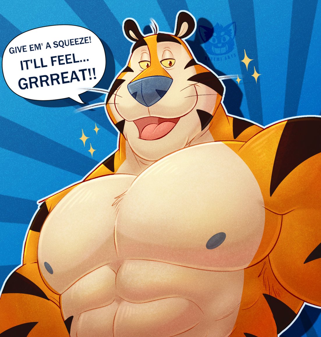 anthro blue_nose comic dialogue english_text felid frosted_flakes fur kellogg's male mammal mascot muscular muscular_anthro muscular_male nipples pantherine pecs simple_background solo speech_bubble stripes talking_to_viewer text thediyemi tiger tony_the_tiger