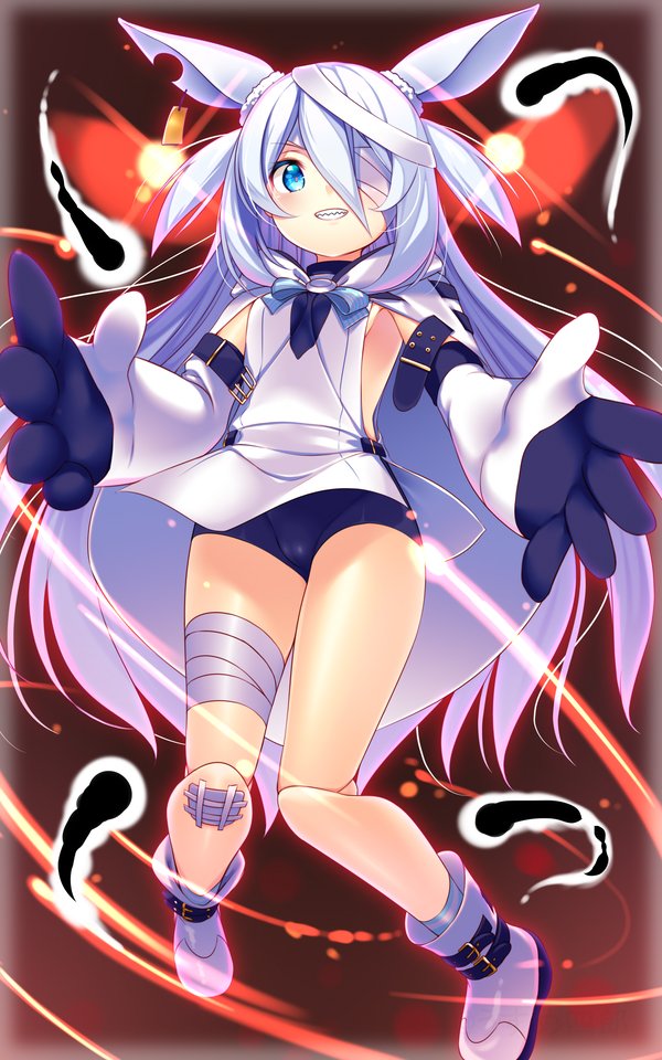 1girl animal_ears bandage_over_one_eye bandages bike_shorts black_shorts blue_eyes boots bunny_ears cameltoe doll_joints elbow_gloves full_body gloves grin groin joints legs little_witch_nobeta long_hair monica_(little_witch_nobeta) sharp_teeth short_shorts shorts silver_hair smile socks solo striped_footwear tabard teeth thighs two_side_up usume_shirou very_long_hair white_footwear white_gloves white_tabard wind wind_lift