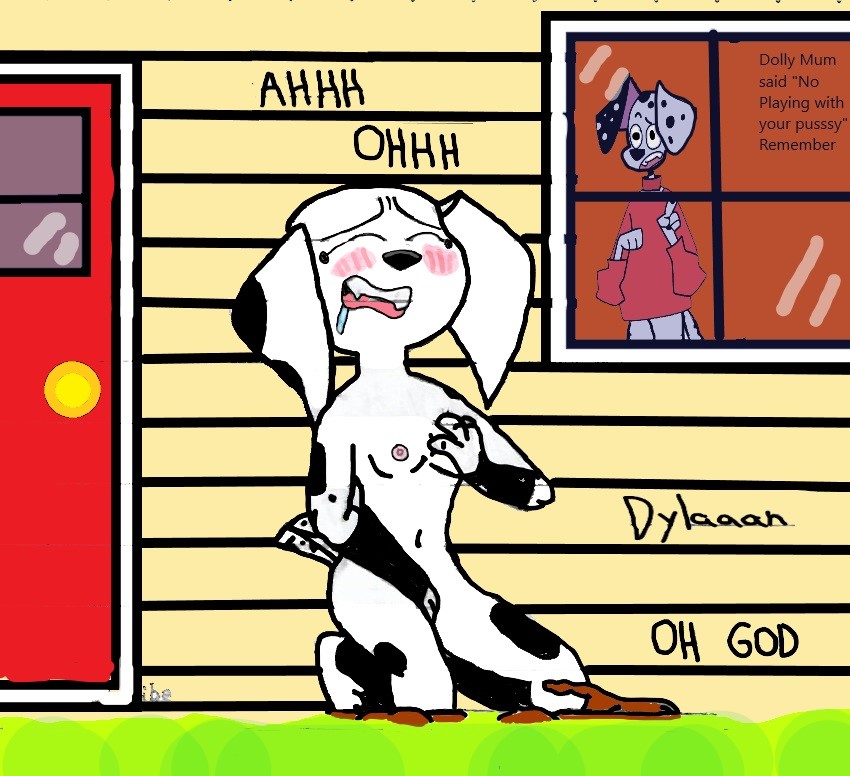 (101 101_dalmatian_street 101_dalmatians anthro blush bodily bodily_fluids breasts canid canine canis caribe clenched closed_(disambiguation) dalmatian dalmatians) disney dolly_(101_dalmatians) domestic domestic_dog dylan_(101_dalmatians) female fingers garden kneeling male male/female mammal masturbation mostly navel nipples nude on saliva small_(disambiguation) solo tailwag teeth text