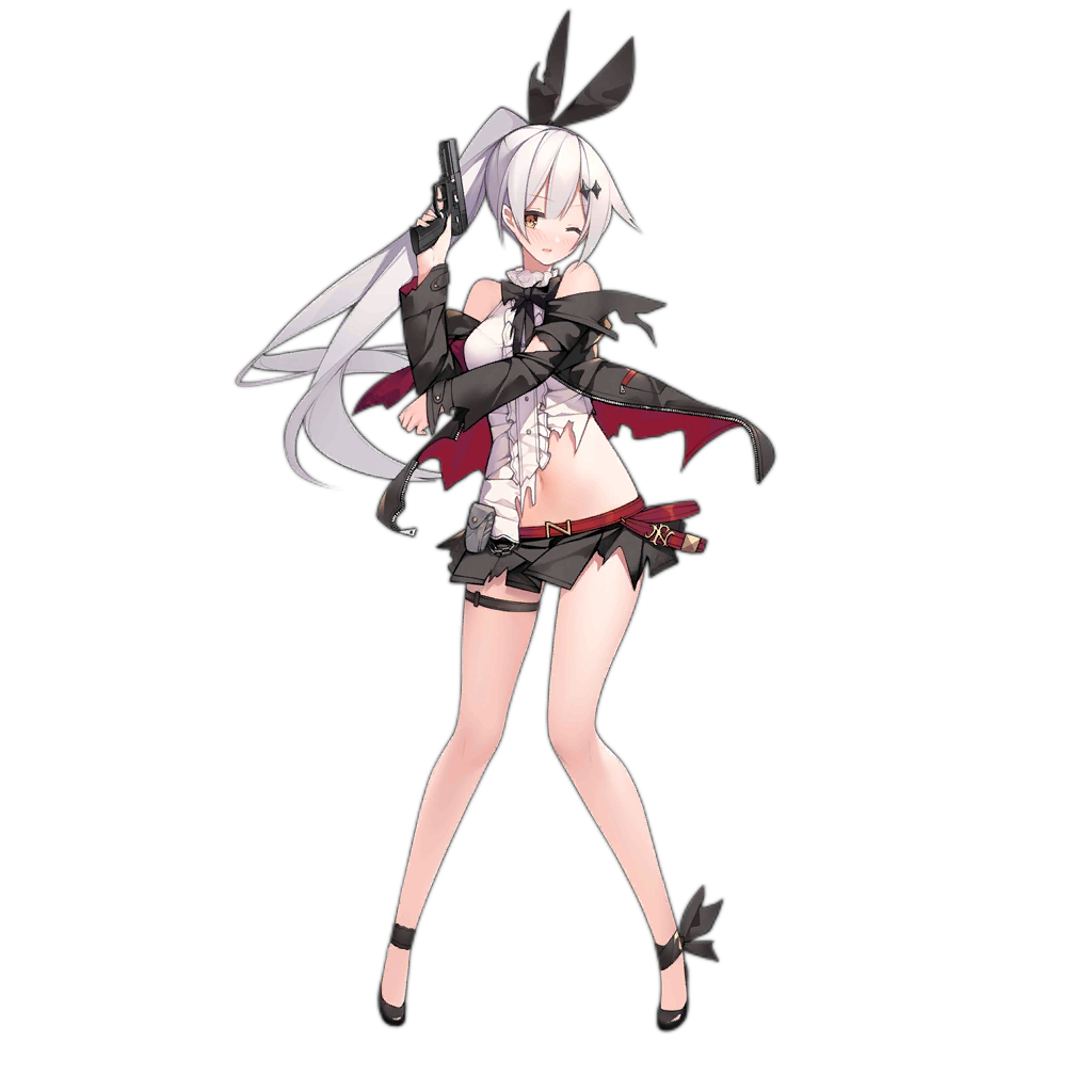 1girl arm_up bangs bare_shoulders belt black_bow black_footwear black_jacket black_neckwear black_skirt blush bow breasts brown_eyes bunny_hair_ornament collar damaged eyebrows_visible_through_hair five-seven_(girls_frontline) five-seven_(gun) full_body girls_frontline gun hair_between_eyes hair_ornament handgun holding holding_gun holding_weapon jacket long_hair long_sleeves looking_at_viewer miniskirt navel off_shoulder official_art one_eye_closed parted_lips pistol ponytail pouch red_belt shirt shoes sidelocks skirt sleeveless sleeveless_shirt solo standing stomach suisai thigh_strap torn_clothes torn_jacket torn_shirt transparent_background very_long_hair weapon white_hair zipper