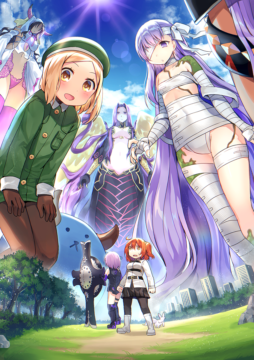 6+girls bandages bb_(fate)_(all) bb_(swimsuit_mooncancer)_(fate) blue_sky breasts chaldea_uniform city cleavage craytm fate/grand_order fate_(series) fou fujimaru_ritsuka_(female) giantess gorgon_(fate) highres horns kingprotea long_hair mash_kyrielight multiple_girls open_mouth out_of_frame paul_bunyan_(fate/grand_order) purple_hair sesshouin_kiara sky very_long_hair wings