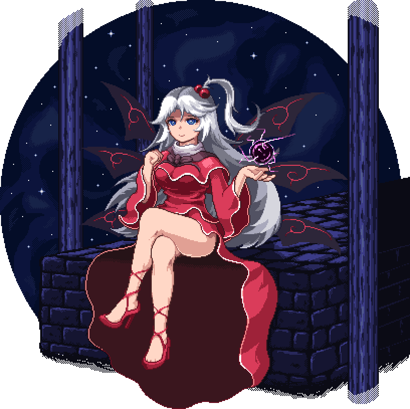 1girl blue_eyes bow breasts crossed_legs dress full_body hair_bobbles hair_ornament high_heels long_hair looking_at_viewer mystic_square nukekip one_side_up pixel_art red_dress ribbon shinki side_ponytail silver_hair sitting sky smile solo star_(sky) starry_sky touhou touhou_(pc-98) wings
