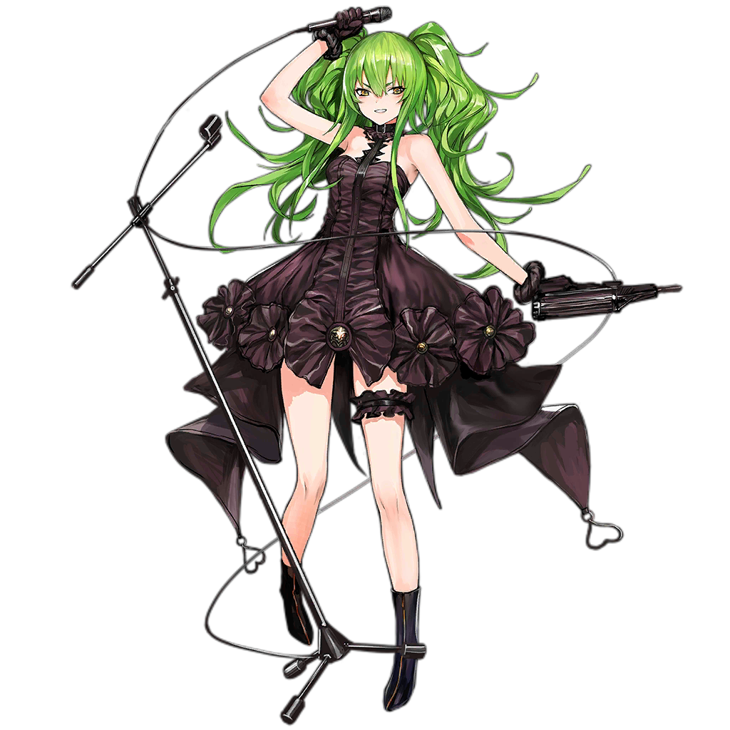 1girl alternate_costume bangs bare_shoulders black_dress black_footwear black_gloves boots calico_m950 dress eyebrows_visible_through_hair floating_hair full_body girls_frontline gloves green_hair grin gun hair_between_eyes holding holding_gun holding_microphone holding_weapon infukun leg_garter long_hair looking_at_viewer m950a_(girls_frontline) microphone microphone_stand official_art parted_lips shadow sidelocks smile solo standing teeth transparent_background twintails weapon yellow_eyes