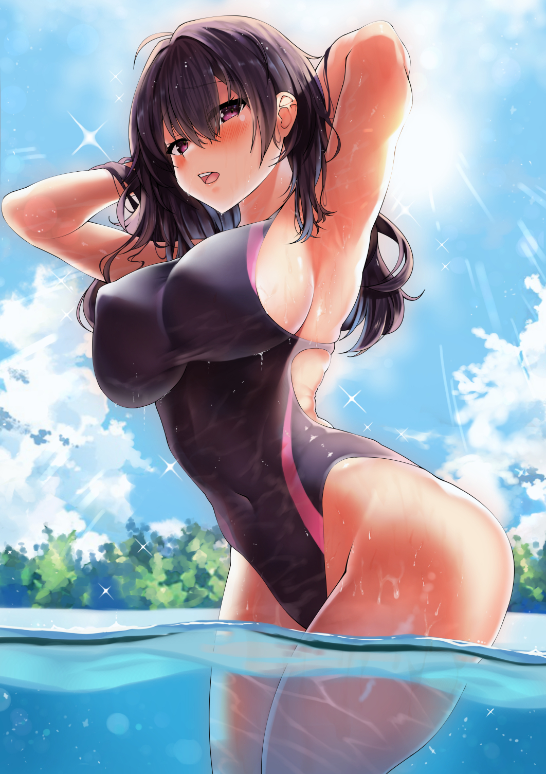1girl armpits arms_behind_head bangs black_hair blue_sky blush breasts cloud competition_swimsuit covered_navel covered_nipples hair_between_eyes highres kawai long_hair one-piece_swimsuit open_mouth original partially_submerged pool purple_eyes sky solo swimsuit teeth upper_teeth