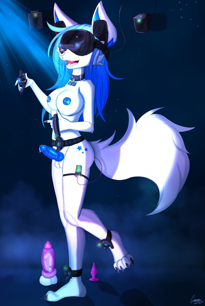 anthro arctic_fox blue_hair breasts buttplug canid canine collar dildo erection facial_piercing fox fur gamermac genital_piercing genitals hair hi_res htc_vive intersex mammal nipple_piercing nipples nose_piercing penis penis_piercing piercing raechel_jagger sex_toy solo valve vibrator_in_ass video_games vr_headset white_body white_fur