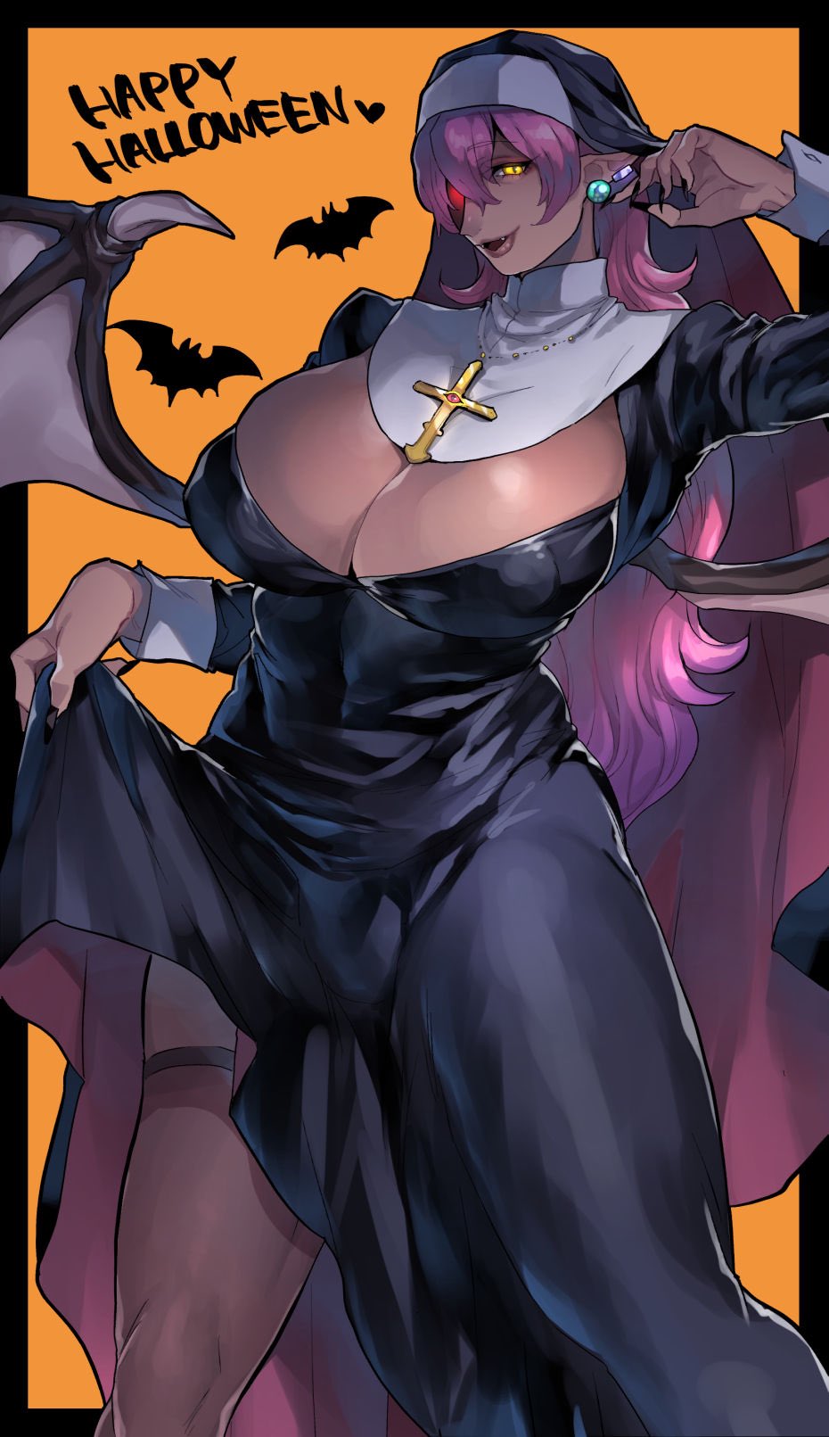 1girl arm_up bat black_dress black_nails breasts cleavage covered_navel covered_nipples cross cross_necklace dark_skin demon_girl demon_wings dress earrings erection erection_under_clothes eyebrows_visible_through_hair fingernails glowing glowing_eyes halloween highres jewelry large_breasts long_fingernails mogiki_hayami necklace nun original pantyhose penis pink_hair pointy_ears red_eyes shaded_face sharp_fingernails slit_pupils smile solo succubus turtleneck wings yellow_eyes